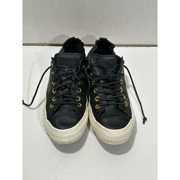 CONVERSE CT All Star Ox Womens Sz 7 Frilly Thrills Black Leather Scalloped Shoes - Picture 3 of 10